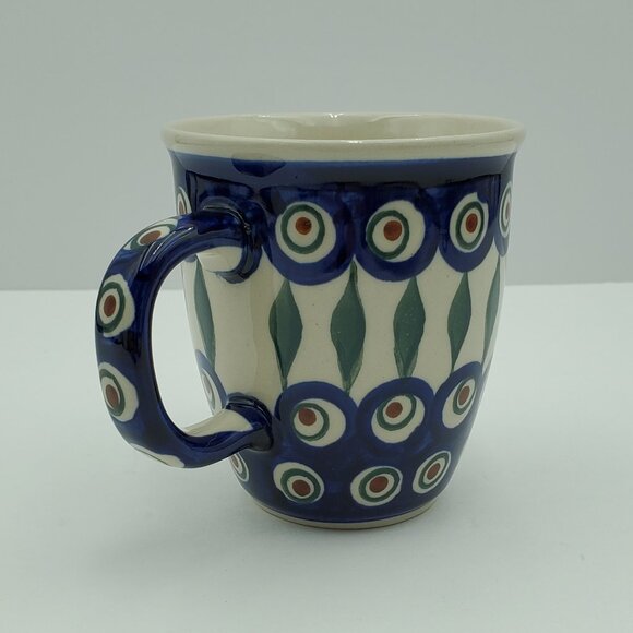 Polish Pottery Peacock Leaves Mug Peacock Blue Circles Green Stripes Mug - Picture 3 of 7